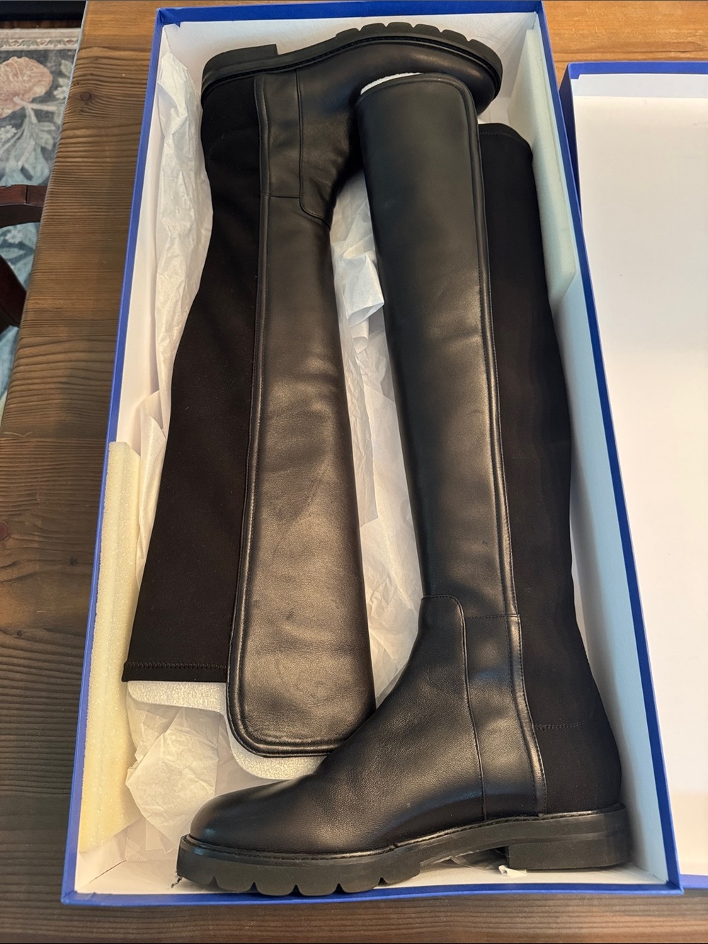 Stuart Weitzman 5050 Black Leather / Stretch Lug-Sole Boots 7.5